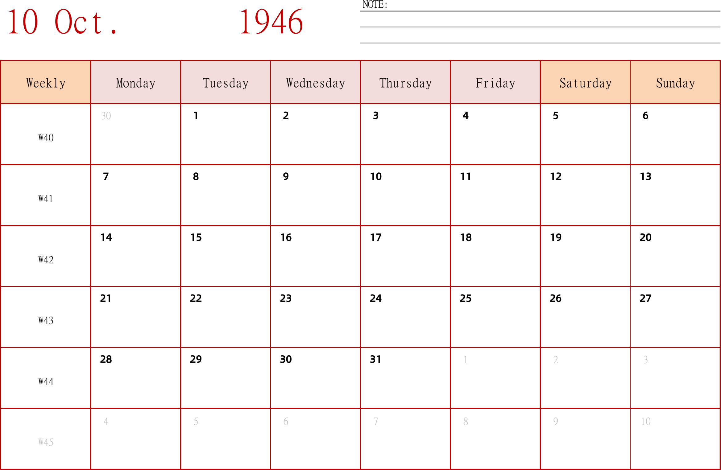 日历表1946年日历 英文版 横向排版 周一开始 带周数